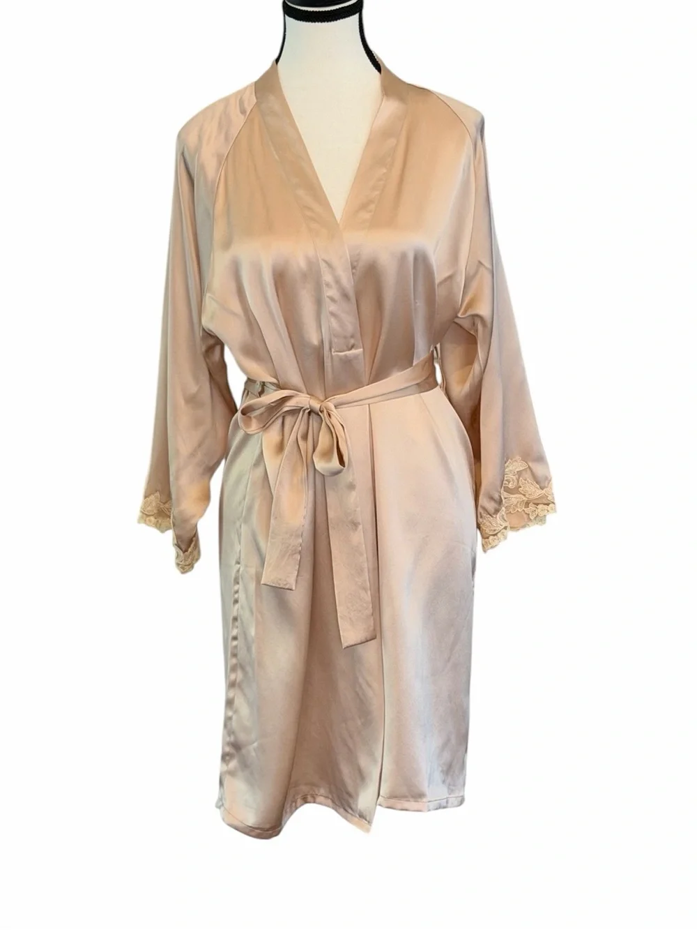 NWT SilkSilky 100% Mulberry Silk Lace Cuff Robe Blush Pink S